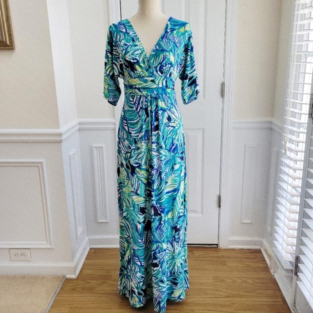 Lilly Pulitzer Parigi Maxi Dress Kimono‎ Sleeve Bright Navy Armadilly Dally